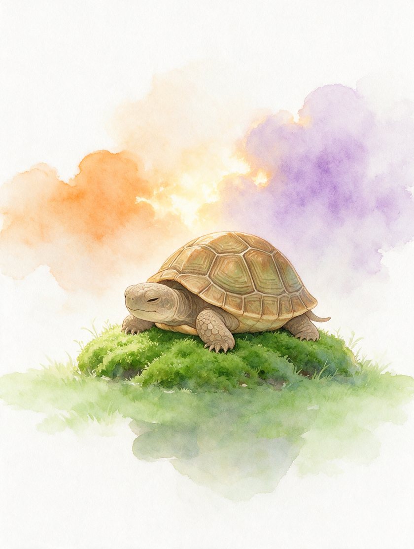 Aquarell: eine Schildkröte ruht mit geschlossenen Augen auf weichem Moos, dahinter Wolken in Orange und Lila